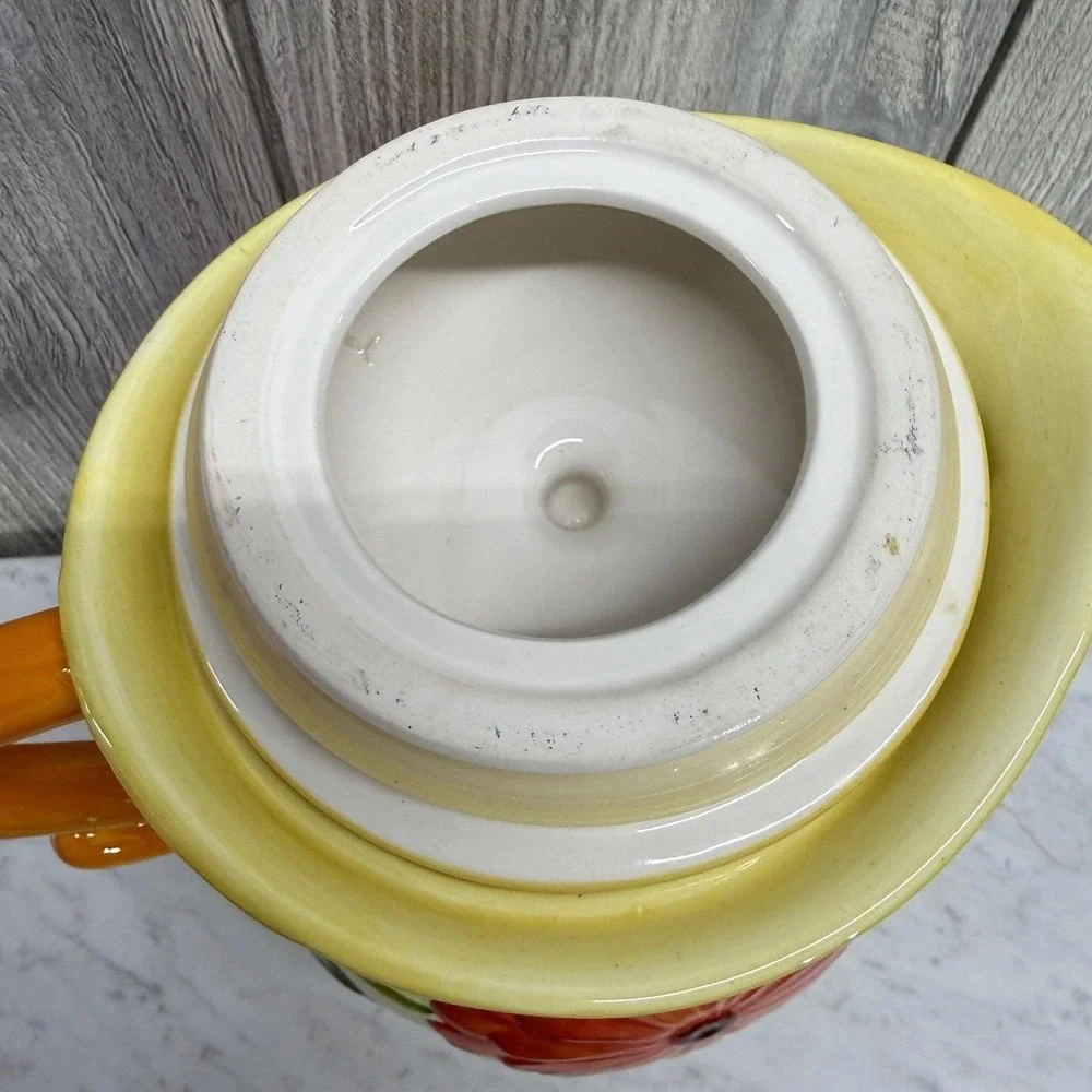 Hand Painted Ceramic Floral Pitcher with Lid Orange Flower Embossed Pottery